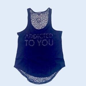 Express Black Laced Back Tank Scoop Neck Top "Addicted to You" Sz XS